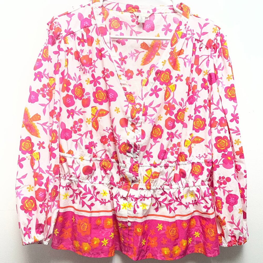 floral long sleeve button down top in vibrant pink, orange, and yellow hues
